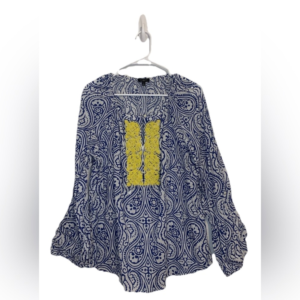 NWOT Talbots Sz XL Blouse Blue White Paisley Print Beaded Cotton Boho Preppy